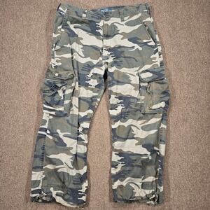 Vintage Camo Cargo Pants Baggy Mens 38 Green Multi-Pocket Drawstring Skate Y2K